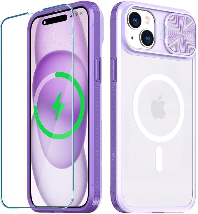 Clear Case Compatible with iPhone 15 MagSafe Sliding Camera Lens Cover with 1 Screen Protector, [Strong Magnets][Anti Yellow] Anti Scratch Acrylic Back Soft Frame iPhone 15 Case 6.1"(Purple)