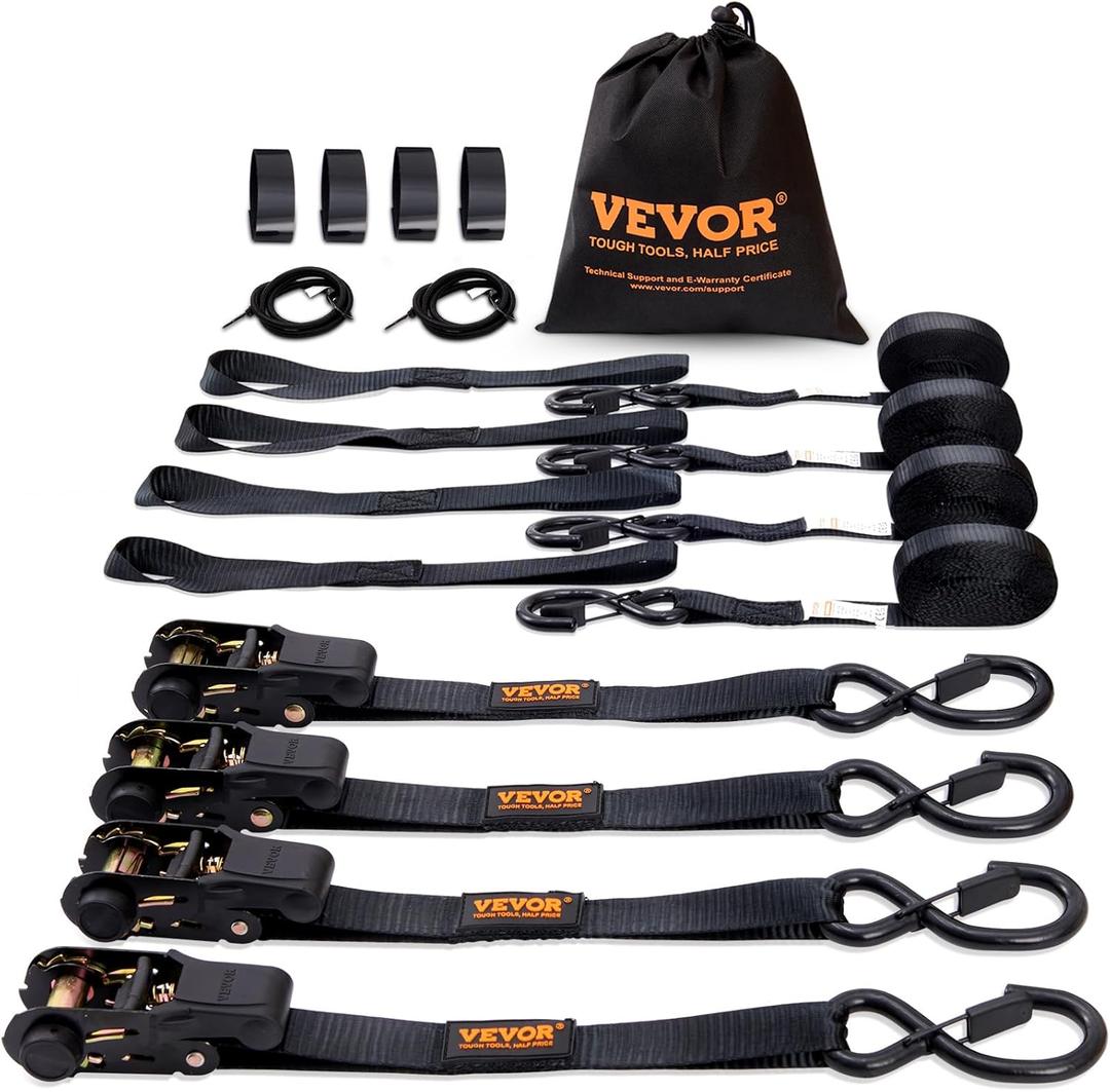VEVOR Ratchet Tie Down Straps (4PK), 2200 lb Break Strength, 1" x 15' Heavy Duty Ratchet Tie Down Strap Set with Padded Handles, Coated S Hook, Soft Loop for Moving Appliances Motorcycle ATV Truck VEVOR Ratchet Tie Down Straps (4PK), 2200 lb Break Strength, 1" x 15' Heavy Duty Ratchet Tie Down Strap Set with Padded Handles, Coated S Hook, Soft Loop for Moving Appliances Motorcycle ATV Truck