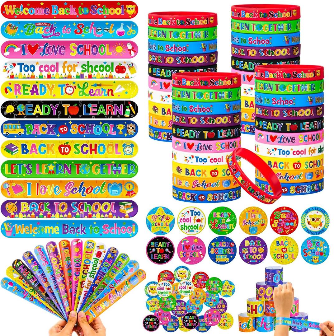 Tondiamo 120 Pcs Welcome Back to School Party Favors for Students 40 First Day of School Silicone Bracelet Wristbands 40 Colorful Slap Bracelets 40 Button Badge for Kindergarten Preschool Party Supply