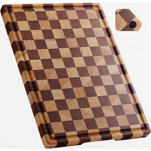 Large Wood Cutting Board-"16.5x11.6100% Organic Acacia Wood Cutting Board, Checkered Wooden Cutting Board for Kitchen, End Grain Butcher Block with Deep Juice Groove, Built-In Handle & Non-Slip Pads