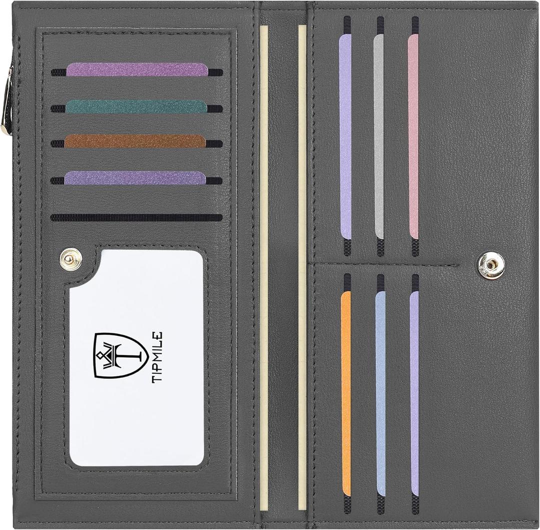 Slim Wallet for Women, RFID Blocking Credit Card Holder, Ladies Bifold Wallet with Zipper, Grey