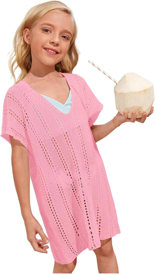 SOLY HUX Girl's V Neck Crochet Short Sleeve Beach Dress Summer Swimsuit Bikini Cover Up (Pink)