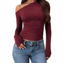 SOLY HUX Women's Off The Shoulder T Shirt Long Sleeve Asymmetrical Neck Ruched Fitted Tee Going Out Tops Pure Burgundy X-Small (XS)