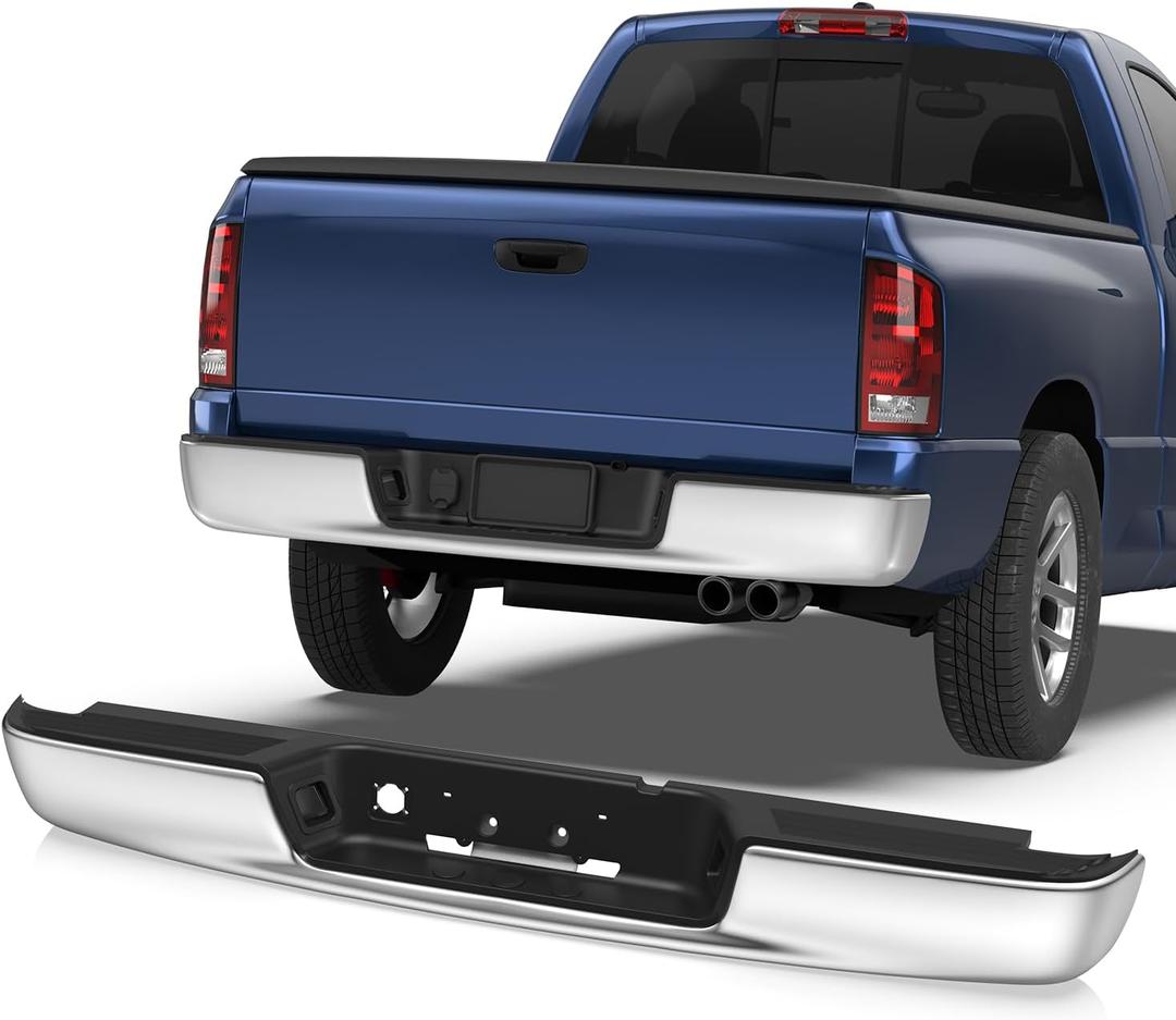 Rear Step Bumper W/Step Pad Compatible for 2002-2008 Dodge Ram 1500 2003-2009 Dodge Ram 2500 3500 Steel Back Bumpers Assembly CH1103111 -Chrome