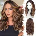 Eawwii Brown Highlight Long Wavy Wig for Women, Pre-Cut HD Lace Natural Hairline, Glueless Middle Part, Synthetic Fiber for Daily and Party Use 18Inch