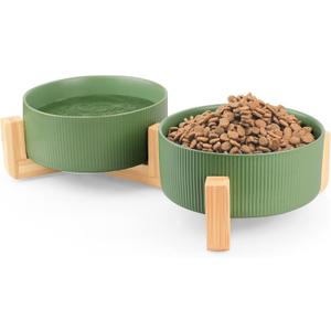 Ptlom Ceramic Pet Bowls for Dog and Cat, No Spill Dog Food and Water Bowl Set with Anti-Slip Wooden Stand, Riased Puppy Feeding Dishes Suitable for Small, Medium and Large Cats Dogs, Green 28 OZ 