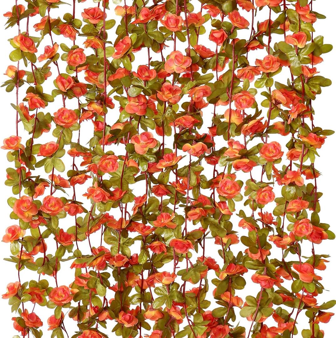 KHOYIME 9 Pack 72 FT Artificial Flower Garland, Fake Orange Roses Vines Silk Flowers Faux Plastic Outdoor Hanging Floral Ivy Garland Decoration for Indoor Table Home Wall Room Decor