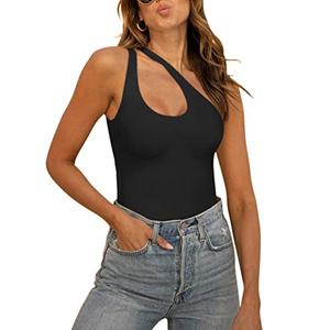 REORIA Women's Summer Sexy One Shoulder Cutout Front Sleeveless One Piece Tank Tops Backless Thong Bodysuits Leotards For Going Out Black Medium