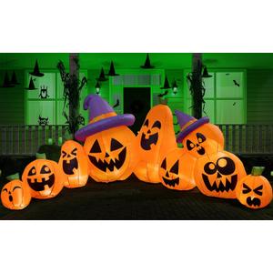 Joiedomi 12.5 FT Halloween Inflatable Pumpkin Outdoor Decorations, Blow Up Yard Decorations with Witch Hat, 9 Pcs Blow Up Pumpkin Inflatable with Built-in LEDs for Halloween Decor