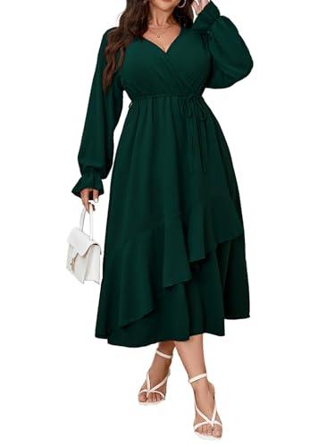 SHESTARR Womens Plus Size Wedding Guest Cocktail Maxi Dress Faux Wrap V Neck Long Sleeve Ruffle Hem Split Long Dress Emerald Green, 1XL