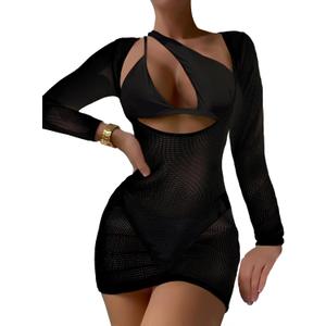 Lilosy Sexy Long Sleeve One Shoulder Bikini Fishnet Beach Swim Cover Up Dress (Large)