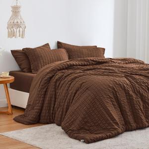 Love's cabin Seersucker Brown Queen Comforter Set 7 Pieces, All Season Bedding Set, Queen Bed in a Bag with Comforter, Flat Sheet, Fitted Sheet, Pillowcase and Pillow Sham (Queen (88"X88"))