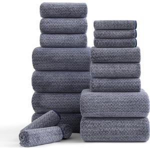 Ycosy 18 Piece Bath Towels Set,100% Microfiber Family Bathroom Towel with Hanging Loops-6 Bath Towels,6 Hand Towels,6 Washcloths,Quick Dry Highly Absorbent Shower Towel for Bathroom,Hotel,Spa-Navy