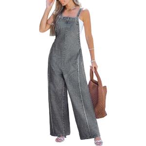 CUPSHE Womens Maxi Denim Jumpsuit Square Neck Sleeveless Casual Backless Loose Overall Jeans Wide Leg Long One Piece Jumpsuit (L)