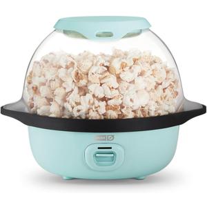 Dash SmartStore Stirring Popcorn Maker  Hot Oil Electric Popcorn Popper with ButterWarming Tray, Clear Serving Bowl & Measuring Cup  12 Cups, Aqua