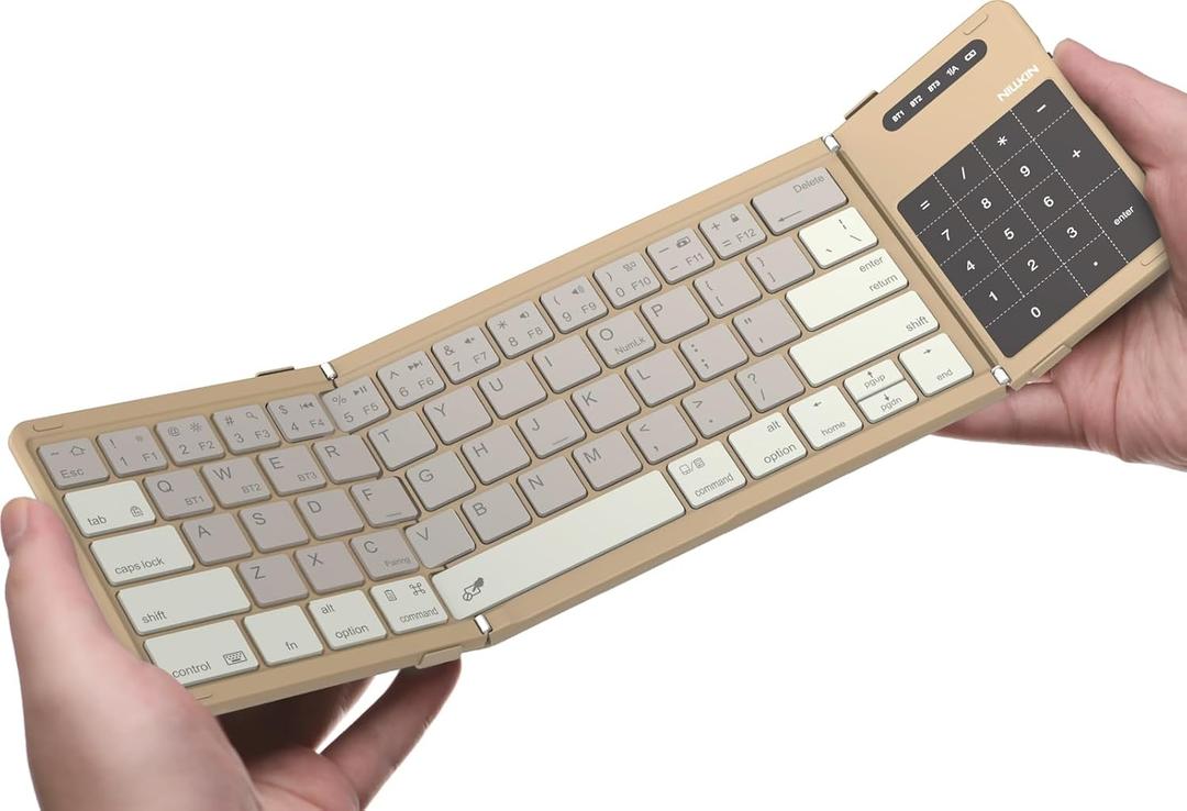 Nillkin Bluetooth 5.0 Foldable Keyboard with Touchpad & Numpad, Full-Size Travel Portable Keyboard for iPad Tablet Laptop PC Smartphone Windows iOS Android, Triple Device Pairing, Khaki