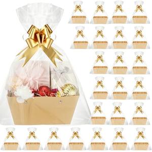 PerKoop 24 Pack Baskets for Gifts Bulk DIY Empty Gift Basket with Handles Kraft Cardboard Tray 24 Bags 24 Bows for Bridal Shower Graduation Wedding Birthday, 6. 5 x 9. 8 Inch(Khaki)