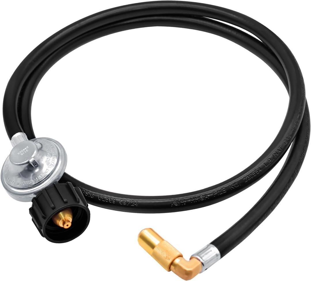 ABYDA 5 Feet Propane Regulator and Hose with Elbow Adapter for Blackstone 17 inch and 22 inch Table Top Griddle, Replacement Parts Connect to Large Propane Tank