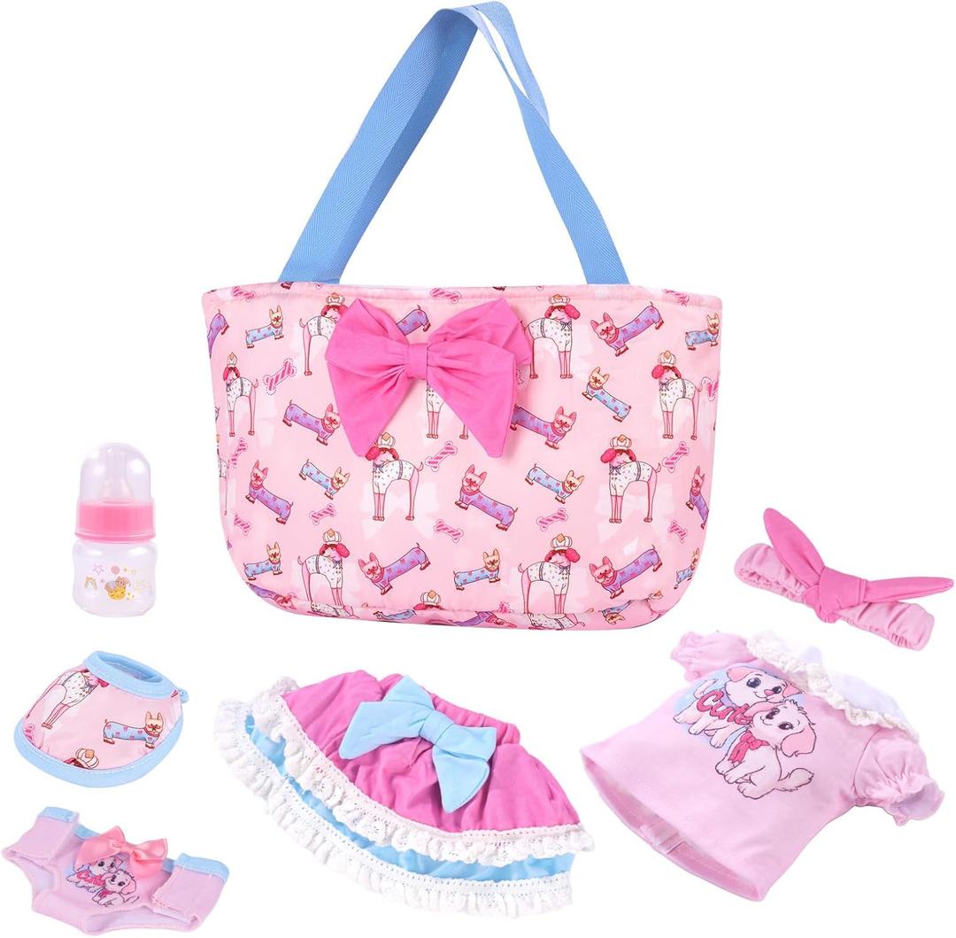 BABESIDE 7 Pcs Baby Doll Clothes Accessories Set for 12-16 Inch Dolls, Including Clothes Set, Doll Bottle and Diaper Bag, Great for Children's Pretend Play (Dolls not Included)