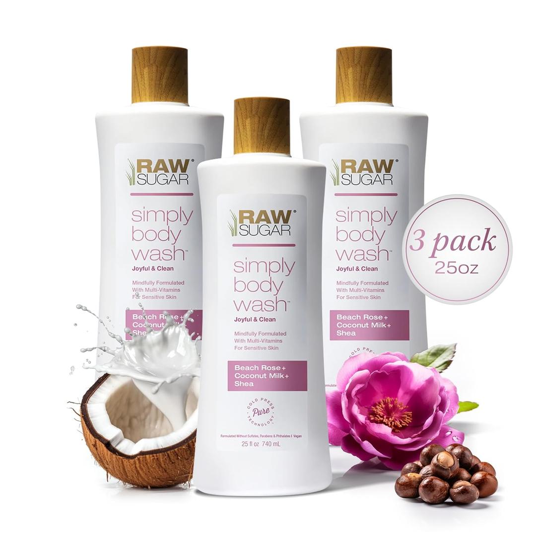 RAW SUGAR Simply Body Wash, Beach Rose + Coconut Milk + Shea (25 Fl Oz, Pack of 3) Sensitive Skin Bath Soap, Formulated without SLS/SLES & Parabens