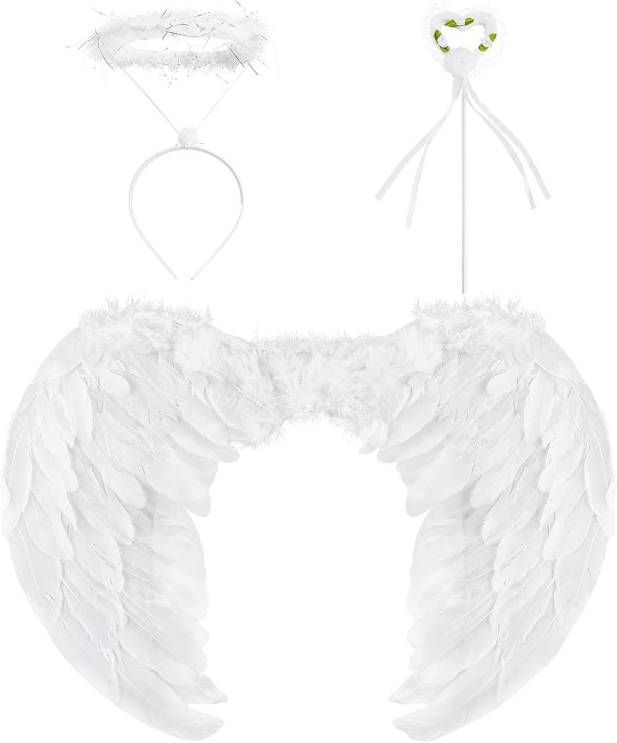 Zezzxu White Angel Wings with Halo and Fairy Wand for Adult Feather Wing Angel Costume for Christmas Cosplay (23.6 x 17.7 Inch)