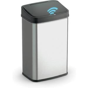 Ninestars 13 Gallon Automatic Trash Can, 50L Touchless Motion Sensor Garbage Can with Odor-Sealing Lid, Rectangular Stainless Steel, Black Trim