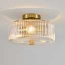 Gold Flush Mount Ceiling Light: 3 Lights 12" Drum Ribbed Glass Chandelier