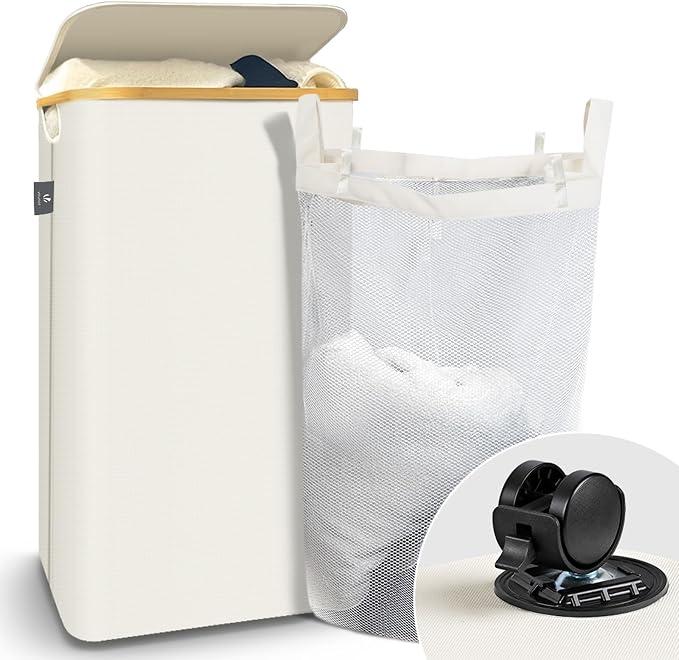 VOUNOT Foldable Laundry Basket 100L with Lid Handles, Collapsible Linen Basket with Inner Laundry Bags Freestanding Laundry Hamper Bin for Bedroom, Bathroom, Beige