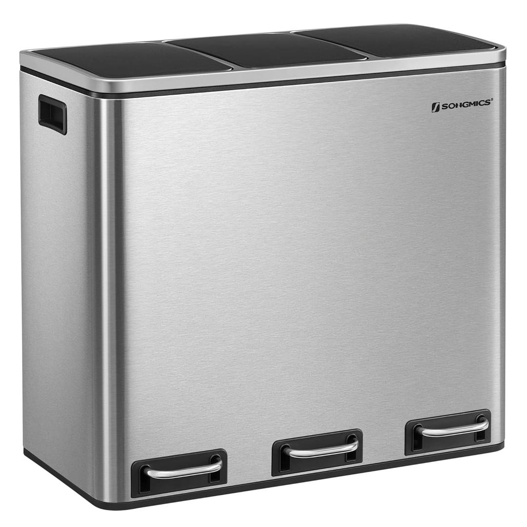 SONGMICS LTB54NL 3 x 18L 3 Compartment Waste Bin with Slow-Close Lid with Inner Buckets and Handles for Kitchen, Silver and Black