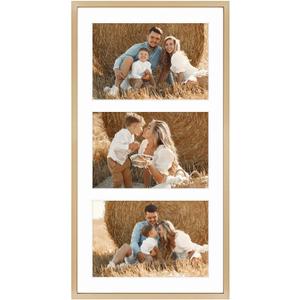 Frametory - 8.5x16.3 Aluminum Collage Picture Frame - Display 5x7 Pictures with 3 Openings Mat - Real Glass Front - Horizontal/Vertical Wall Mount - Gold 1 Pack, 3 slots | 5x7