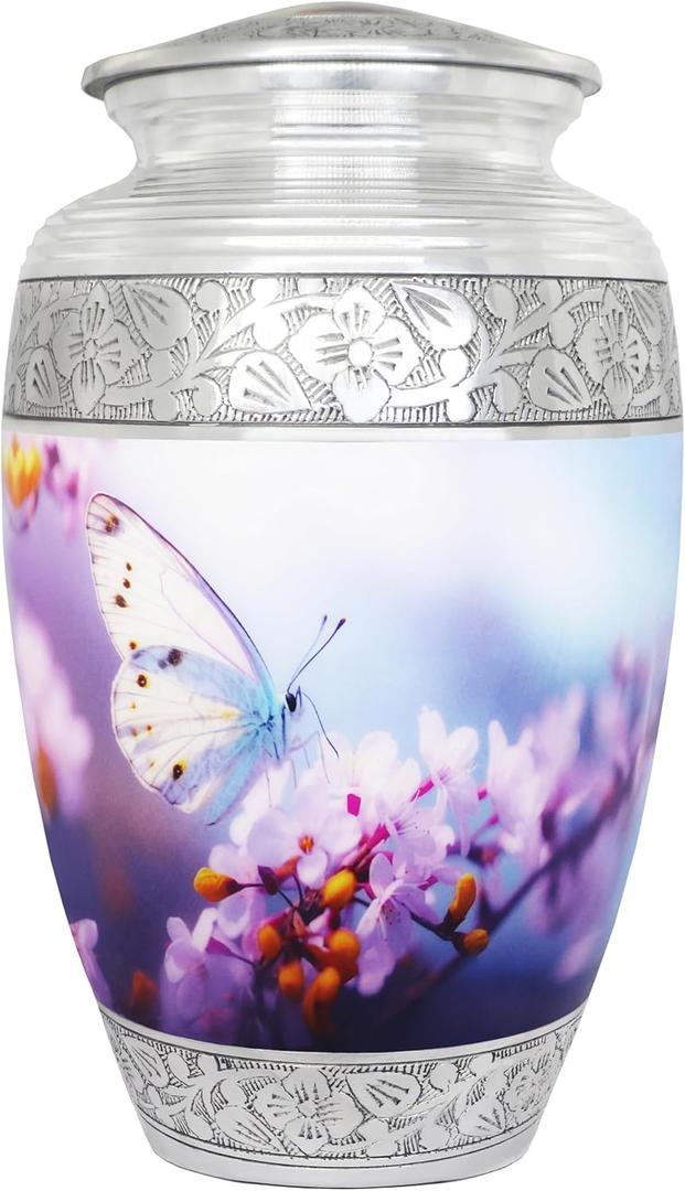 Urn for Ashes for Women or Man, Cremation Urns for Human Ashes Adult Female and Male, Funeral Decorative Urns, Burial Urn, Hand Engraving, Blue Butterfly & Pink Flower - Large Full Size