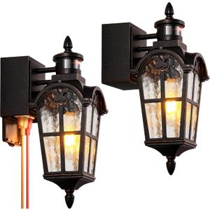 16.4" Motion Sensor Outdoor Lights with GFCI Outlet, 2-Pack ORB Outdoor Porch Light with Water Ripple Glass, 4-Modes Waterproof and Anti-Rust Dusk to Dawn Outdoor Lighting for Garage Patio
