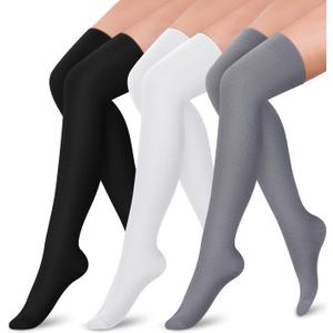 SunFeeling Compression Socks for Women & Men Circulation (2 Pairs) - Best Support for Athletic Running Nurses Recovery Travel (Large-X-Large, A2-thigh High /White/Grey)