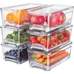 6-Pack Refrigerator Drawer Organizer Bins, Clear Stackable Pull Out Fridge Organizers and Storage Container, with Strainer Layer for Fruits, Vegetables, Drinks, Snack and Food