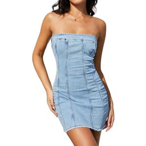 ELLEVEN Strapless Denim Dress for Women Western Mini Jean Dress Bodycon Sexy Summer Dresses for Women 2026 Western Outfit Light Blue Denim X-Large