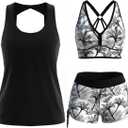 Modlily Classic 3 Piece Tankini Swimsuits for Women, Solid Tank Top & Plants Print Sports Bra with Drawstring Board Shorts (Large, Black)
