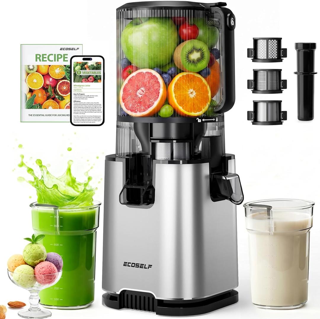 ECOSELF 3-in-1 Juicer with 3 Filters (For Juice/Sorbet/Nut Milk), With 6.0" Extra-Large Mouth Feed Chute for Whole Vegetables & Fruits, Juicer Machines With Large Capacity & Easy Clean (With Pusher)