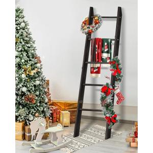 Blanket Ladder for Living Room, 5-Tier Wooden Ladder Shelf, Rustic Decorative Blanket Rack for Blankets, Quilts, Farmhouse Decor Ladder Shelf for Bedroom Bathroom Home Christmas Decor, Black