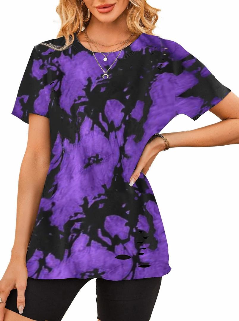 Avanova Women Distressed Short Sleeve Ripped T Shirts Crew Neck Tee Tops (Small, Black Purple)