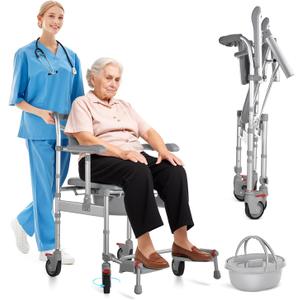 Shower Wheelchair, Bedside Commode, 4 in 1 Rolling Shower Chair with Wheels, Swivel Up Armrest for Easy Transfer, Adjustable Transport Wheelchair for Elderly, Disabled & Post-op