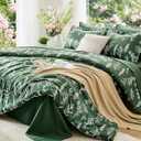 MUXHOMO Dark Green Bed in a Bag Queen 7 Pieces, Queen Comforter Set Reversible Botanical Flowers Design, Ultra Soft & Breathable Bedding Sets with Comforter, Sheets, Pillowcases & Shams