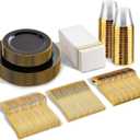 SUT 175 Piece Black and Glod Plastic Dinnerware Set for 25 Guests, Disposable Plastic Plates, Include: 25 Dinner Plates, 25 Dessert Plates, 25 Pre Rolled Napkins with Silver Silverware, 25 Cups