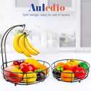 Auledio Iron 2-Tier Countertop Fruit Vegetables Basket Bowl Storage With Banana Hanger, Black, 64 ounces
