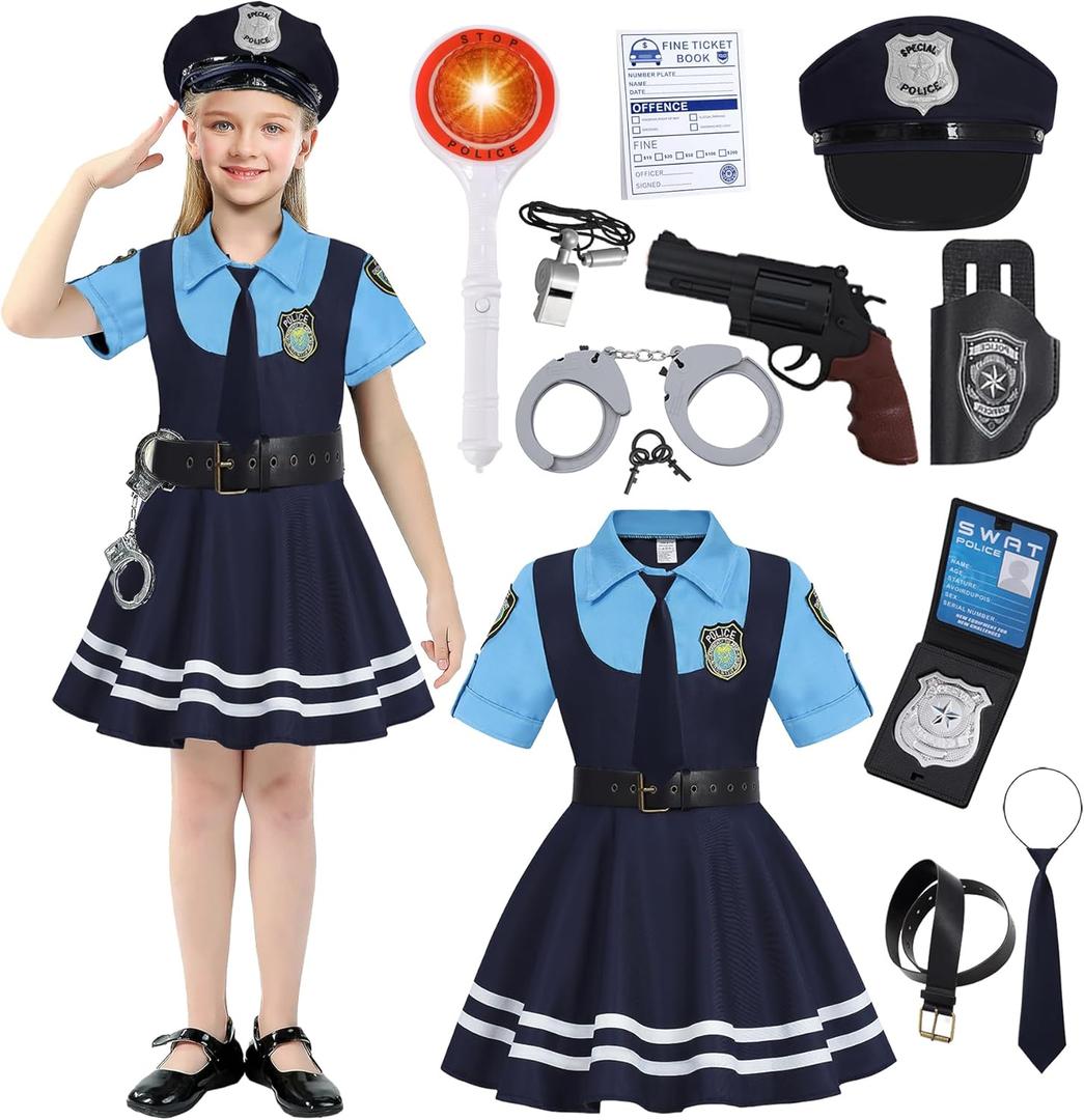 Girls Police Officer Costume Kid Cop Costume Toddler Halloween Costumes Police Woman Cosplay for Birthday Career Day (11-12 Years)