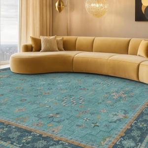 Washable 10x12 Large Teal Teal Boho Living Room Rug - Soft Floral Area Rugs for Bedroom Under Bed, Dining Room Under Table Non Slip, Low Pile & Stain Resistant Carpet