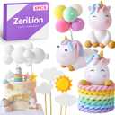 Rainbow Unicorn Cake Decor Set with Clouds and Balloons, Non-Edible Party Decorations for Birthday Celebration