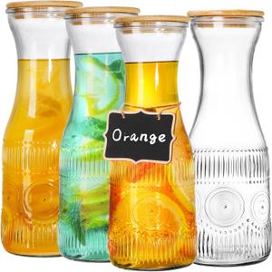YOUEON 4 Pack 1 Liter Glass Carafe with Lid, Beverage Pitchers Carafes for Mimosa Bar with Bamboo Lids and Chalkboard Tags, Clear Water Juice Carafe, Wide Mouth & Easy to Grip