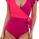 Blooming Jelly Women's Tummy Control Swimsuits Slimming One Piece Bathing Suit Modest Swimwear Ruffle Wrap V Neck Swimming Suit (Fuchsia, Small)