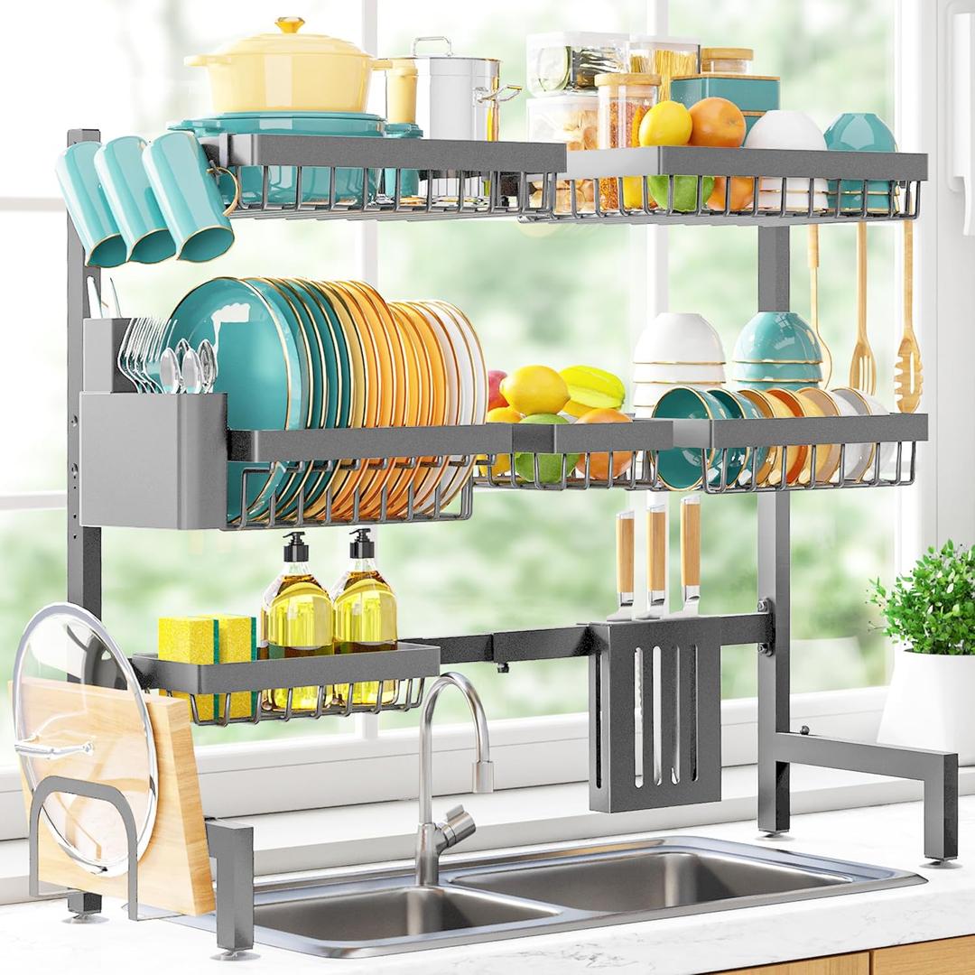 Sakugi Over The Sink Dish Drying Rack - Adjustable 3 Tier XX-Large Capacity Stainless Steel Drainer with Cutlery & Utensil Holders, Kitchen Storage & Organization, 31.5"-39.5"L x 12"W x 30.5"H, Gray (Ultra - 6 Baskets)
