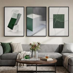 Large Framed Green and White Abstract Wall Art for Living Room, 3 Piece Modern Canvas Prints Paintings Artwork for Walls, Minimalist Geometric Pictures for Hallway Dining Bedroom Wall Decor 24x36 In